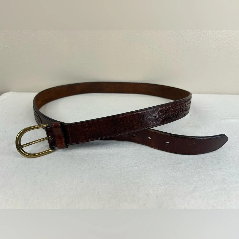 Vintage Brown Leather Belt with Brass Buckle Braided Accent Size 36/38 Mens